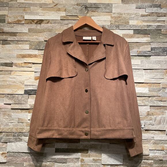 Chico’s 1 M Faux Suede Perforated Jacket | Mocha Chocolate Brown, Utility Moto - Picture 2 of 7